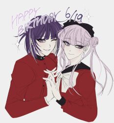 Rule 34 | black bow, black hairband, black headband, blush, bow, brother and sister, closed mouth, diamond (shape), ear piercing, earrings, hair bow, hairband, happy birthday, headband, highres, holding hands, jewelry, long hair, long sleeves, looking at viewer, matching hair/eyes, one eye closed, open mouth, piercing, pink eyes, pink hair, purple hair, red shirt, shirt, siblings, simple background, smile, the hundred line -last defense academy-, tsukumo ima, tsukumo kako, twins, twintails, upper body, white bow