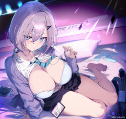 1girl absurdres aoharu_x_fetishism arm_support arm_up bag bare_legs barefoot bedroom black_skirt blue_eyes blue_necktie blurry blurry_background blush bow bow_bra bra breasts breasts_out cardigan clothes_lift collared_shirt copyright_name diagonal-striped_clothes diagonal-striped_necktie embarrassed full_body hair_between_eyes hair_ornament hairclip head_tilt highres holding holding_removed_eyewear id_card indoors kat_(bu-kunn) large_breasts lens_flare light_smile long_hair long_sleeves looking_at_viewer miniskirt navel necktie on_bed open_cardigan open_clothes open_shirt pillow purple_cardigan purple_hair school_bag school_uniform shirt shirt_lift sitting skirt socks solo strap_slip striped_clothes striped_necktie tissue_box toes underwear unworn_eyewear unworn_socks white_bra white_shirt wolf_cut yokozuwari