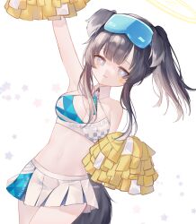 Rule 34 | 1girl, absurdres, animal ears, arm up, artist name, bare arms, bare shoulders, black hair, blue archive, blue eyes, breasts, cheerleader, cleavage, clothes writing, commentary, cowboy shot, dog ears, dog girl, dog tail, english commentary, facial mark, goggles, goggles on head, halo, hibiki (blue archive), hibiki (cheer squad) (blue archive), highres, holding, holding pom poms, looking at viewer, mark under eye, medium breasts, midriff, miniskirt, navel, official alternate costume, open mouth, pleated skirt, pom pom (cheerleading), pom poms, rozenith, simple background, skirt, solo, star (symbol), star facial mark, tail, white background, yellow halo