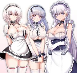 3girls anchor_choker apron azur_lane belfast_(azur_lane) black_dress black_hairband blunt_bangs braid breasts center_frills choker cleavage clothing_cutout commentary cowboy_shot dido_(azur_lane) dress earrings frilled_apron frilled_choker frills gloves gradient_background grey_hair hair_between_eyes hairband hand_on_own_chest hand_up highres jewelry lace-trimmed_hairband lace_trim large_breasts long_hair maid_headdress medium_hair multiple_girls parted_lips pink_background pink_eyes puffy_short_sleeves puffy_sleeves red_eyes short_sleeves sirius_(azur_lane) thighhighs thighs two-tone_dress underboob underboob_cutout very_long_hair white_apron white_background white_dress white_gloves white_thighhighs zeukiar