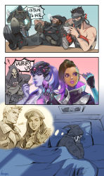 2girls 3boys aged_down alternate_costume ana_(overwatch) anger_vein applying_makeup artist_name asymmetrical_hair bad_id bad_pixiv_id beard blackwatch_cassidy blackwatch_genji blackwatch_reyes brown_hair captain_amari cassidy_(overwatch) closed_eyes clothes_writing colored_skin comic commentary cosmetics cowboy_hat crossed_arms cyborg dark-skinned_female dark_skin drooling english_text facial_hair fingernails genji_(overwatch) gradient_hair hage2013 handheld_game_console hat hat_over_eyes head-mounted_display highres hood lips lipstick_tube long_fingernails long_hair makeup mascara mask mole mole_under_eye multicolored_hair multiple_boys multiple_girls nail_polish nose_bubble overwatch overwatch_1 parted_lips pink_lips pink_nails playing_games ponytail purple_eyes purple_hair purple_lips purple_skin reaper_(overwatch) scar sepia sleeping soldier:_76_(overwatch) sombra_(overwatch) speech_bubble strike_commander_morrison thought_bubble under_covers widowmaker_(overwatch)