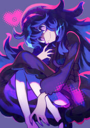 1girl @_@ absurdres black_shoes dress floating hairband heart hex_maniac_(pokemon) highres kitaya long_hair long_sleeves looking_at_viewer mary_janes messy_hair nintendo pokemon pokemon_xy purple_background purple_dress purple_hairband purple_nails shoes solo wavy_mouth