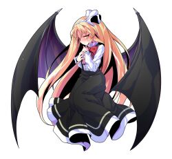 Rule 34 | 1girl, alphes (style), bat wings, black skirt, blonde hair, blush, bow, bowtie, buttons, commentary request, dairi, dress shirt, frilled sleeves, frills, full body, hair between eyes, hairband, high-waist skirt, kurumi (touhou), large variant set, long hair, long skirt, long sleeves, parody, purple wings, red bow, red bowtie, ribbon, shirt, skirt, solo, style parody, suspenders, tachi-e, touhou, touhou (pc-98), transparent background, variant set, very long hair, white hairband, white ribbon, white shirt, wings