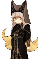 :| black_dress black_veil blonde_hair brown_veil child closed_mouth cowboy_shot dot_nose dress elden_ring long_hair looking_at_viewer matching_hair/eyes meemz_a monogatari_(series) oshino_shinobu serious simple_background standing two-tone_veil veil white_background yellow_eyes