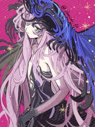 1girl :/ bare_arms bare_shoulders black_dress black_hands black_veil blue_eyes blue_veil colored_extremities dress film_grain long_hair looking_at_viewer nautika_(reverse:1999) pink_hair purple_background reverse:1999 solo sparkle strapless strapless_dress two-tone_veil upper_body veil very_long_hair yuzu_(parasitic_910)