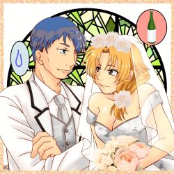 1boy 1girl absurdres blonde_hair blue_hair breasts bridal_veil bride cleavage closed_mouth dress hetero highres ilia_silvestri long_hair medium_breasts okobore_de_shou ronyx_j._kenny smile star_ocean star_ocean_first_departure veil wedding wedding_dress