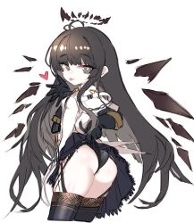 1girl :p arknights ass black_eyes black_gloves black_hair black_halo black_panties black_thighhighs closed_mouth clothes_lift cropped_legs dark_halo gloves godgamesc2 grey_pupils halo heart highres lifting_own_clothes long_hair mole mole_under_eye panties simple_background sketch skirt skirt_lift smile solo standing thighhighs tongue tongue_out underwear virtuosa_(arknights) white_background