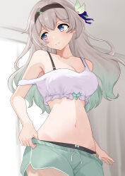 1girl absurdres alternate_costume black_bra black_hairband black_panties blush bra breasts cleavage closed_mouth crop_top firefly_(honkai:_star_rail) green_shorts grey_hair hair_between_eyes hair_ornament hairband highres honkai:_star_rail honkai_(series) large_breasts lifting_own_clothes long_hair navel panties pink_eyes shorts shorts_lift solo stomach underwear vect