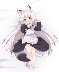 1girl animal_ears apron arms_up black_dress dress fox_ears fox_girl fox_tail full_body hand_to_own_mouth highres long_hair lying maid maid_headdress mogura2009 on_back original pink_eyes socks solo tail very_long_hair white_apron white_hair white_socks
