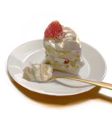 cake cake_slice food food_focus fork fruit highres no_humans original painterly plate sara_(srsrmrmr) simple_background still_life strawberry strawberry_shortcake sweets white_background
