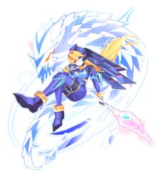 1girl absurdres aizeis alternate_costume alternate_hairstyle armor beam_weapon belt blonde_hair blue_eyes bodystocking boots breasts chest_jewel ciel_(mega_man) commission commissioner_upload crossed_legs elbow_gloves energy_blade eyelashes full_body gloves glowing glowing_eye glowing_lines glowing_markings helmet highres holding holding_polearm holding_weapon ice_dragon incoming_attack long_hair looking_at_viewer mechanical_ears mega_man_(series) mega_man_zero_(series) mega_man_zx model_l_(mega_man) non-web_source petite polearm ponytail shorts small_breasts thigh_boots transparent_background weapon