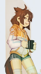 1girl black_shorts borrowed_character brown_eyes brown_hair coffee_mug cup highres holding holding_cup hood hood_down hoodie looking_at_viewer maridiansnack mug open_mouth original short_hair shorts smile solo tail teeth thighhighs upper_teeth_only white_thighhighs