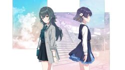 2girls bag belt buttons coat flower gakuen_idolmaster game_cg green_eyes green_hair green_shirt hair_flower hair_ornament handbag hataya_misuzu highres idolmaster layered_skirt multiple_girls official_art profile purple_hair railing shirt skirt stairs tsukimura_temari white_shirt