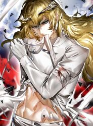 1boy abs aqua_eyes arm_up bandage_in_mouth bandaged_arm bandages blonde_hair blood bloody_bandages commentary cowboy_shot debris floating_hair gloves hair_between_eyes horns injury long_hair long_sleeves looking_to_the_side louis_(metaphor:_refantazio) male_focus metaphor:_refantazio midriff navel pants parted_bangs pkkoje98bo88835 shirt sideways_glance solo standing toned toned_male torn_clothes white_gloves white_pants white_shirt