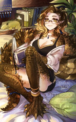 1girl black_shirt black_shorts black_tank_top blonde_hair book brown_hair closed_mouth commission crocodilian_tail earrings full_body glasses highres hogara holding holding_book indoors jacket jewelry long_tail medium_hair monster_girl multicolored_hair necklace open_clothes open_jacket original pointy_ears reptile_girl shirt shorts single_earring sitting skeb_commission slit_pupils solo spiked_tail stuffed_animal stuffed_crocodile stuffed_toy tail tank_top two-tone_hair white_jacket yellow_eyes