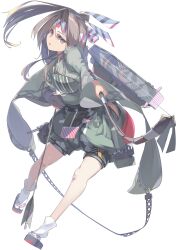 1girl absurdres arrow_(projectile) bow_(weapon) brown_eyes brown_hair camouflage fei_(feikotake) flight_deck full_body gloves hachimaki hair_ribbon hakama hakama_shorts headband high_ponytail highres japanese_clothes kantai_collection long_hair looking_at_viewer machinery muneate okobo partially_fingerless_gloves partly_fingerless_gloves platform_sandals ponytail quiver ribbon rigging sandals shorts simple_background single_glove solo tabi weapon white_background wide_sleeves yugake zuihou_(kancolle) zuihou_kai_ni_(kancolle)