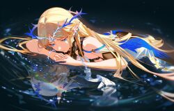 1girl bare_shoulders black_collar black_dress blonde_hair blue_eyes cartethyia_(wuthering_waves) cherrymaru closed_mouth collar commentary crown_of_thorns different_reflection dress earrings english_commentary jewelry long_hair looking_at_reflection necklace pointy_ears reflection reflective_water ripples solo tacet_mark_(wuthering_waves) very_long_hair wuthering_waves