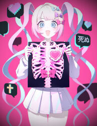 1girl :d absurdres blonde_hair blue_bow blue_eyes blue_hair blue_serafuku blue_shirt blue_skirt bow carelier11 chouzetsusaikawa_tenshi-chan commentary hair_bow highres holding long_hair multicolored_hair multiple_hair_bows needy_girl_overdose open_mouth pink_background pink_bow pink_hair purple_bow quad_tails school_uniform serafuku shirt simple_background skirt smile solo speech_bubble symbol-only_commentary very_long_hair x-ray_film