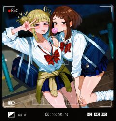 2girls absurdres bag bags_under_eyes battery_indicator black_bra blonde_hair blowing_bubble_gum blue_skirt boku_no_hero_academia bow bra bra_peek breasts brown_eyes brown_hair chewing_gum cleavage clothes_around_waist collarbone double_bun gyaru hair_bun highres jacket jacket_around_waist large_breasts looking_at_viewer loose_socks medium_hair messy_hair multiple_girls pink_nails recording red_bow school_bag school_uniform shirt sidelocks skirt socks toga_himiko tongue tongue_out underwear uraraka_ochaco v v_over_eye viewfinder white_shirt white_socks zd_(pixiv6210083)