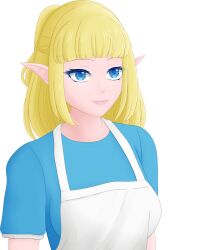1girl absurdres apron blonde_hair blue_eyes blue_shirt blunt_bangs breasts commission commissioner_upload elf elvavena_araline highres long_hair makeup official_art pointy_ears ponytail selinanovalight shirt short_sleeves smile solo tagme upper_body ways_of_darkness_(series)