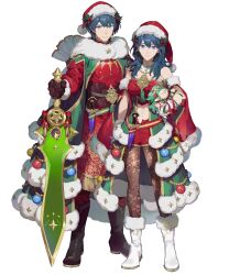 1boy 1girl bare_shoulders black_footwear black_gloves blue_eyes blue_hair brooch female_byleth_(fire_emblem) female_byleth_(frosty_professor)_(fire_emblem) male_byleth_(fire_emblem) male_byleth_(frosty_professor)_(fire_emblem) cape character_doll doll dual_persona fire_emblem fire_emblem:_three_houses fire_emblem_heroes fur-trimmed_cape fur_trim gloves green_cape hat highres holding holding_doll holding_sword holding_weapon holly jewelry looking_at_viewer medium_hair midriff navel nintendo non-web_source official_alternate_costume official_art pantyhose red_cape santa_costume santa_hat smile sothis_(fire_emblem) suzuki_iori sword weapon white_footwear white_gloves