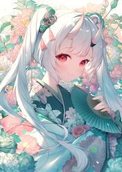 1girl alternate_costume closed_mouth commentary_request floral_background floral_print floral_print_kimono flower folding_fan frilled_kimono frills furisode gradient_hair green_flower green_kimono hair_between_horns hair_flower hair_ornament hand_fan haruhitooo highres holding holding_fan hololive horns japanese_clothes kimono long_hair looking_at_viewer multicolored_hair nakiri_ayame oni paper_fan pink_flower print_kimono red_eyes red_hair single_sleeve_past_fingers skin-covered_horns smile solo tassel tassel_hair_ornament twintails upper_body virtual_youtuber white_hair white_kimono wide_sleeves