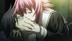 1boy 1girl black_dress black_hair blue_hair blush breasts buttons chaos;child chaos;child_love_chu_chu!! closed_eyes collarbone couple cropped_jacket double-breasted dress dress_shirt ears_visible_through_hair eyewear_on_head french_kiss game_cg glasses hair_between_eyes head_grab hekiho_academy hekiho_academy_school_uniform hetero highres holding indoors kiss miyashiro_takuru night non-web_source official_art onoe_serika open_mouth pink_hair sailor_collar saliva saliva_trail sasaki_mutsumi school_uniform shirt short_hair short_hair_with_long_locks sidelocks tongue tongue_out white_sailor_collar
