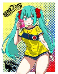 absurdres beverage_can blue_eyes blue_hair blush colombia colombian_hat colombian_miku hair_ornament hatsune_miku highres raikenart shirt shorts soccer_uniform sportswear twintails yellow_shirt