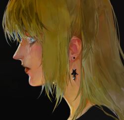 1girl absurdres amane_misa black_background black_shirt blonde_hair closed_mouth death_note earrings expressionless eyelashes fieroo from_side highres jewelry lips medium_hair portrait shirt simple_background solo