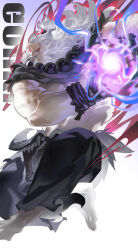 1boy absurdres akuma_(street_fighter) bead_necklace beads black_pants character_name chinese_commentary clenched_teeth commentary_request energy floating_hair full_body highres incoming_attack jewelry lfpwrk0vlocrzl4 long_hair male_focus muscular muscular_male necklace no_pupils old old_man pants profile red_eyes solo street_fighter street_fighter_6 teeth topknot