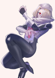 1girl absurdres black_bodysuit blonde_hair bodysuit breasts hair_over_one_eye highres looking_at_viewer mask mouth_mask nintendo red_eyes sheik sheikah short_hair simple_background solo the_legend_of_zelda the_legend_of_zelda:_ocarina_of_time white_turban yuuri_(fukuroudou)