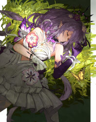 1girl absurdres asymmetrical_gloves bare_shoulders breasts bug butterfly castorice_(honkai:_star_rail) closed_eyes dress elbow_gloves flower gloves highres honkai:_star_rail honkai_(series) insect long_hair lying medium_breasts mismatched_gloves on_back pointy_ears purple_gloves purple_hair qure_h4 single_elbow_glove sleeping solo white_dress