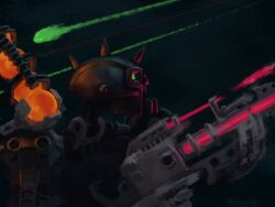 absurdres bionicle black_background commentary english_commentary from_side glowing green_eyes gun highres holding holding_gun holding_weapon humanoid_robot kanohi_(bionicle) laser looking_at_viewer mask neoruke nuparu_(bionicle) robot spikes the_lego_group weapon