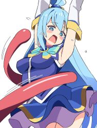 1girl aqua_(konosuba) armpits arms_up blue_eyes blue_hair blue_shirt blue_skirt blush bow bowtie breasts crying detached_sleeves green_bow green_bowtie hair_ornament hair_rings highres kono_subarashii_sekai_ni_shukufuku_wo! large_breasts long_hair looking_at_viewer noyama_takenoko open_mouth restrained scared shirt simple_background single_hair_ring skirt solo tongue white_background
