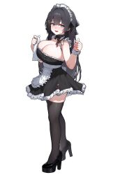 1girl alternate_costume apron bare_arms bare_shoulders black_choker black_dress black_hair black_shoes black_thighhighs blue_eyes breasts choker cleavage dress enmaided frilled_dress frills full_body hands_up heok_bam high_heels highres large_breasts long_hair looking_at_viewer maid maid_apron maid_headdress open_mouth shirayuki_hina shoes simple_background smile solo standing stellive strapless strapless_dress thighhighs virtual_youtuber white_background wrist_cuffs zettai_ryouiki