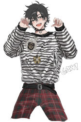 1boy alternate_costume belt black_belt black_choker black_eyes black_hair blush cheng_xiaoshi choker claw_pose cowboy_shot cropped_legs earrings english_text fang hair_between_eyes hands_up highres jewelry justjust_monika long_sleeves looking_at_viewer male_focus open_mouth pants plaid_clothes plaid_pants red_pants shiguang_dailiren shirt short_hair simple_background smile solo striped_clothes striped_shirt torn_clothes torn_shirt white_background