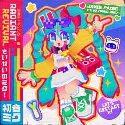 1girl 3d absurdres album_cover aqua_eyes aqua_hair bag belt blockbench_(medium) bow braid colorful cover crop_top digital_stars digital_stars_miku digital_stars_miku_(2025) english_text eyewear_on_head green_nails green_shoes hair_bow hair_ornament handbag hatsune_miku heart heisei_retro highres jacket long_hair long_sleeves low_poly midriff navel official_alternate_costume official_alternate_hairstyle official_art open_clothes open_jacket pink_bag pink_belt pointing rabbit_hair_ornament radiant_revival_(vocaloid) red_bow shirt shoes skirt sneakers solo song_name sunglasses suspender_skirt suspenders twin_braids violet_(violxiv) vocaloid white_shirt white_skirt yellow_jacket