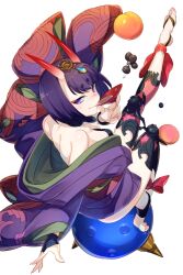 1girl alcohol ankle_ribbon bare_shoulders breasts bridal_gauntlets cup drinking echo_(circa) eyeliner fate/grand_order fate_(series) gourd headpiece horns japanese_clothes kimono leg_ribbon long_sleeves looking_at_viewer looking_back makeup obi off_shoulder oni purple_eyes purple_hair purple_kimono revealing_clothes ribbon sakazuki sake sash short_hair shuten_douji_(fate) simple_background skin-covered_horns small_breasts smile solo tongue tongue_out wide_sleeves