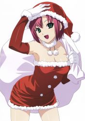 1girl absurdres elbow_gloves female_focus gloves hand_on_headwear hat highres koutaro red_hair rio_rollins sack santa_costume santa_hat simple_background solo super_blackjack white_gloves