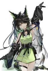 1girl ahoge animal_ears arknights arm_up belt black_gloves black_hair commentary cowboy_shot detached_sleeves dress emoji gloves green_dress highres long_hair meihina mon3tr_(arknights) simple_background solo thigh_strap white_background