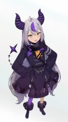 Rule 34 | 1girl, :d, ahoge, ascot, black coat, braid, braided bangs, chain, coat, collar, commentary, full body, grey hair, hair between eyes, hands on own hips, highres, hololive, horns, la+ darknesss, la+ darknesss (1st costume), long hair, metal collar, multicolored hair, ndrph, open mouth, purple hair, single hair streak, sleeves past fingers, sleeves past wrists, smile, solo, standing, striped horns, tail, two-tone hair, very long hair, very long sleeves, virtual youtuber, wide sleeves, yellow ascot
