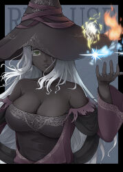 1girl absurdres bare_shoulders black_dress black_hat black_skin breasts character_name cleavage colored_eyelashes colored_skin commentary_request dark-skinned_female dark_skin dress elden_ring elden_ring_nightreign fire gresy hat hat_over_one_eye highres large_breasts large_hat long_hair purple_sleeves pyrokinesis recluse_(elden_ring) simple_background solo white_eyelashes white_hair witch witch_hat