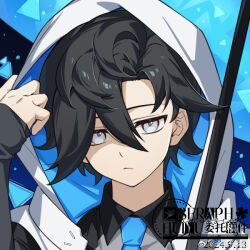 1boy adjusting_hood black_background black_hair blue_background blue_jacket blue_necktie chinese_commentary closed_mouth collared_shirt commentary_request commission ewa_(seraphhuiyu) expressionless grey_eyes grey_shirt hair_between_eyes holding holding_staff hood hood_up hooded_jacket jacket jitome light_frown long_sleeves looking_at_viewer male_focus necktie original sample_watermark shirt short_hair sleeveless sleeveless_jacket sleeves_past_fingers sleeves_past_wrists solo staff triangle_background two-sided_fabric two-sided_jacket two-tone_background upper_body watermark weibo_watermark white_jacket
