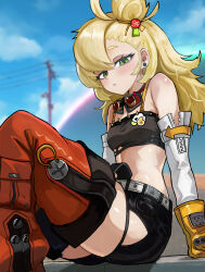 1girl bare_shoulders black_shorts blonde_hair blush breasts closed_mouth crop_top detached_pants detached_sleeves earrings gloves goggles goggles_around_neck green_eyes hair_bun highres jewelry long_hair looking_at_viewer midriff otakami999 piper_wheel short_shorts shorts sitting skindentation small_breasts solo spiked_shirt strapless thick_thighs thighs tube_top yellow_gloves zenless_zone_zero