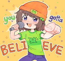 1girl absurdres beanie bessiebee blue_eyes blue_pants brown_hair child cosplay diamond_(shape) english_text freckles frog green_hair_ornament green_shirt hat highres indie_virtual_youtuber lily_hopkins looking_at_viewer microphone open_mouth orange_background orange_headwear pants parappa parappa_(cosplay) parappa_the_rapper pointing pointing_at_viewer shirt simple_background spiral star_(symbol) striped_clothes striped_shirt t-shirt tagme teeth tongue upper_teeth_only virtual_youtuber