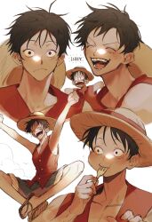 1boy arms_up bare_arms bare_shoulders black_hair blue_shorts character_name closed_eyes closed_mouth commentary eating facial_scar fork fur-trimmed_shorts fur_trim hat highres holding holding_fork male_focus monkey_d._luffy multiple_views one_piece oophytoncideoo red_shirt sandals scar scar_on_cheek scar_on_face shirt short_hair shorts smile straw_hat upper_body