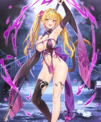 &gt;:) 1girl armpits black_dress black_thighhighs blonde_hair blush bo_staff bow breasts center_opening china_dress chinese_clothes chinese_knot circlet cleavage cleavage_cutout clothing_cutout cloud curvy detached_sleeves dress elbow_gloves energy evertale floral_print floral_print_dress flower full_moon gloves gradient_hair groin hair_flower hair_ornament hair_ribbon holding holding_behind_back holding_polearm holding_polearm_behind_back holding_staff holding_weapon holding_weapon_behind_back impossible_clothes jewelry journey_to_the_west lace lace-trimmed_gloves lace_trim large_breasts lily_pad linea_alba long_hair looking_at_viewer lotus monkey_girl monkey_tail moon multicolored_hair navel navel_cutout night night_sky no_panties official_art open_clothes open_mouth outdoors pelvic_curtain polearm popqn print_dress purple_bow purple_dress purple_ribbon revealing_clothes ribbon river ruyi_jingu_bang shiny_skin silver_circlet single_detached_sleeve single_elbow_glove single_thighhigh skindentation sky smile snow snowing solo staff star_(sky) starry_sky stomach stomach_cutout stone_lantern sun_wukong sun_wukong_(evertale) tail thigh_strap thighhighs thighlet tongue twintails two-tone_dress v-shaped_eyebrows waist_bow weapon wide_hips wide_sleeves yellow_eyes