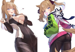 1girl almond_eye_(umamusume) alternate_costume alternate_hairstyle animal_ears artist_name ass black_bodysuit black_nails black_panties blue_eyes blue_hair blunt_bangs blush bodysuit breasts brown_hair bursting_breasts chahanramen chewing_gum cleavage colored_inner_hair commentary_request cosplay cross-shaped_pupils fingernails from_behind hands_in_pockets highres hood hood_down hooded_jacket horse_ears horse_girl horse_tail jacket large_breasts long_hair long_sleeves looking_at_viewer multicolored_hair multicolored_jacket nail_polish open_mouth panties popped_zipper puffy_long_sleeves puffy_sleeves simple_background star_(symbol) symbol-shaped_pupils tail teeth twin_turbo_(umamusume) twin_turbo_(umamusume)_(cosplay) twintails umamusume underwear upper_teeth_only white_background white_jacket x-shaped_pupils zipper_pull_tab