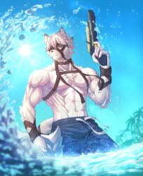1boy abs absurdres animal_ears bara blue_pants blue_sky chest_harness claws clear_sky colored_tips commentary diffraction_spikes english_commentary eyepatch furry furry_male harness highres holding holding_water_gun looking_at_viewer male_focus male_swimwear multicolored_hair muscular muscular_male navel ocean one_eye_covered palm_tree pants pectorals sky tail tail_belt tree von_lycaon water_gun waves wet wolf_boy wolf_ears wolf_tail yotchan-ika zenless_zone_zero
