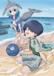 2girls :o ball barefoot beach beachball belt black_belt black_hair blowhole blue_dress blue_eyes blue_hair blue_trim blush captain_(kemono_friends) cetacean_tail closed_eyes common_bottlenose_dolphin_(kemono_friends) dolphin_girl dorsal_fin dress fins fish_tail frilled_dress frills gloves green_shirt grey_hair grey_shirt grey_shorts hair_between_eyes hat head_fins highres horizon jacket japari_symbol kemono_friends kemono_friends_3 kunikuni_(kunihiro2005) multiple_girls neckerchief ocean open_mouth safari_jacket sailor_collar sailor_dress seiza shirt short_hair short_sleeves shorts sidelocks sitting smile tail two-tone_shirt unworn_hat unworn_headwear white_gloves white_hair white_neckerchief